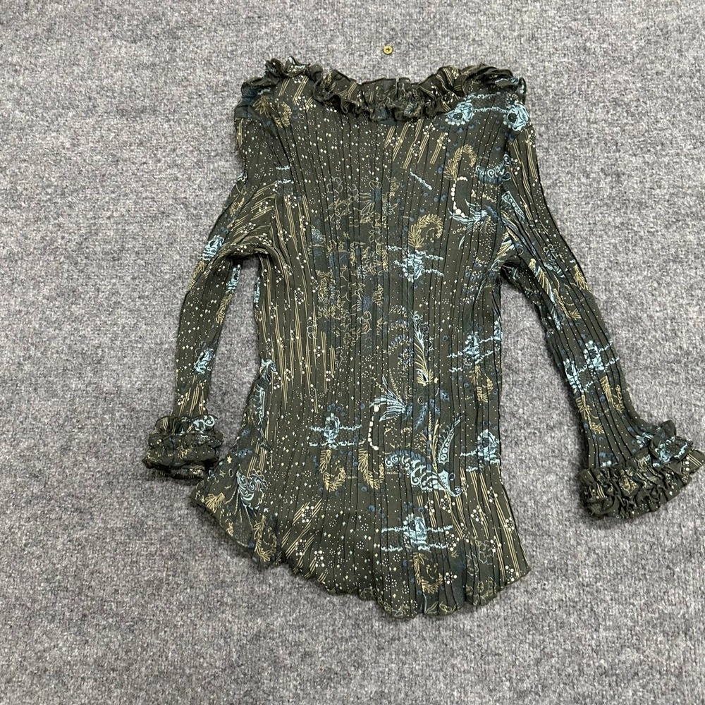 Agora Blouse Womens Size M Green Pleated Ruffle Celestial Print Boho Slim Fit